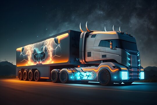 sci-fi futuristic truck on the road at night - AI Generated