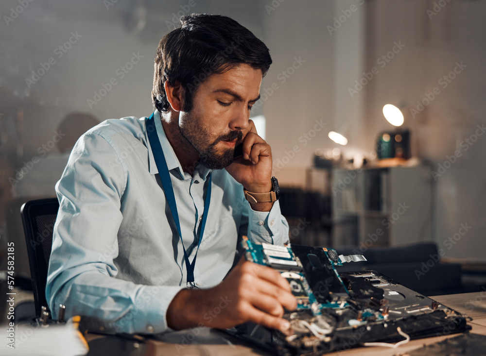 Poster technology, repair and thinking with an man fixing a device in an office for electrical or engineeri