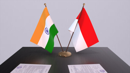 Indonesia and India national flags. Partnership deal 3D illustration, politics and business agreement cooperation