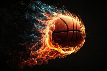 Flaming basketball in mid-air on dark background. Generative AI