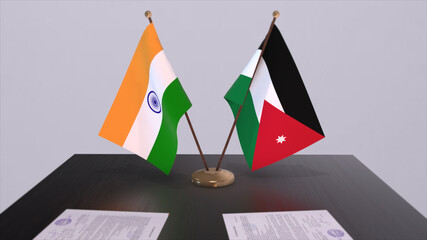 Jordan and India national flags. Partnership deal 3D illustration, politics and business agreement cooperation
