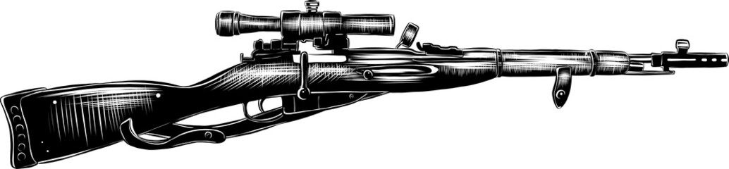 PNG engraved style illustration for posters, decoration and print. Hand drawn sketch of gun in monochrome isolated on white background. Detailed vintage woodcut style drawing.