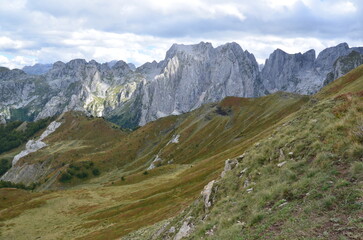Fototapeta na wymiar The mountains of the Prokletije National Park in the autumn near the Grebaje Valley of Montenegro. The Accursed Mountains. Albanian Alps.