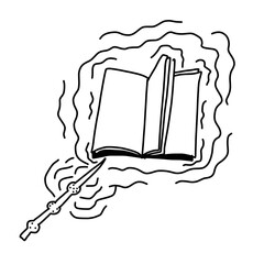 The Magic wand stick with a book. Vector illustration in outline doodle style isolated on white background.