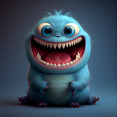Funny cute blue cartoon monster. Generative AI