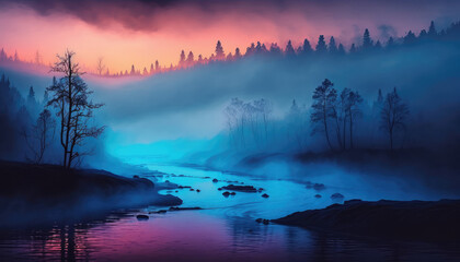 "Mystical River" mesmerizing and minimalist river landscape with a mystical and enchanting mood. River is shrouded in colorful and dense fog, otherworldly atmosphere - a stunning wallpaper background