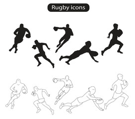 Fototapeta na wymiar Rugby Sport Players Silhouette and Line Icons Vector Illustration 