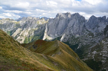 The mountains of the Prokletije National Park in the autumn near the Grebaje Valley of Montenegro. The Accursed Mountains. Albanian Alps.