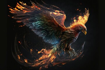 Fototapeta premium Flaming phoenix in mid-air on dark background. Generative AI