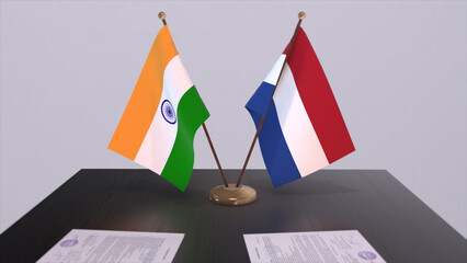 Netherlands and India national flags. Partnership deal 3D illustration, politics and business agreement cooperation