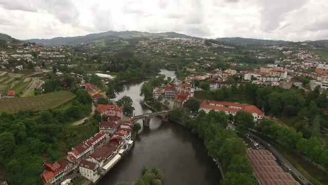 City of Amarante along Tamega river in Portugal Aerial View