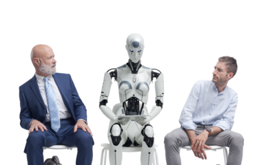 Job applicants staring at the robot candidate and waiting for the job interview