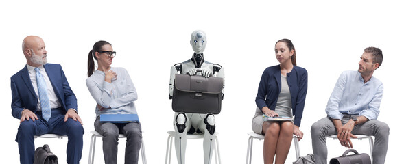 Job applicants staring at the robot candidate and waiting for the job interview - obrazy, fototapety, plakaty