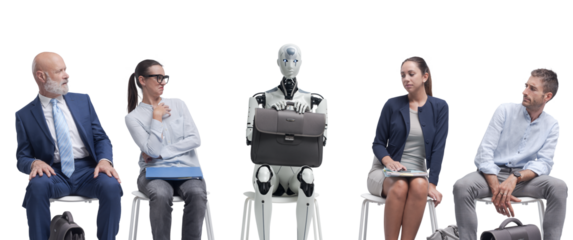 Job applicants staring at the robot candidate and waiting for the job interview