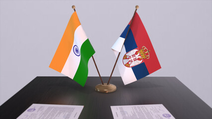 Serbia and India national flags. Partnership deal 3D illustration, politics and business agreement cooperation