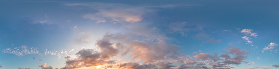 Dark blue sunset sky panorama with pink Cumulus clouds. Seamless hdr 360 panorama in spherical equirectangular format. Full zenith for 3D visualization, sky replacement for aerial drone panoramas.
