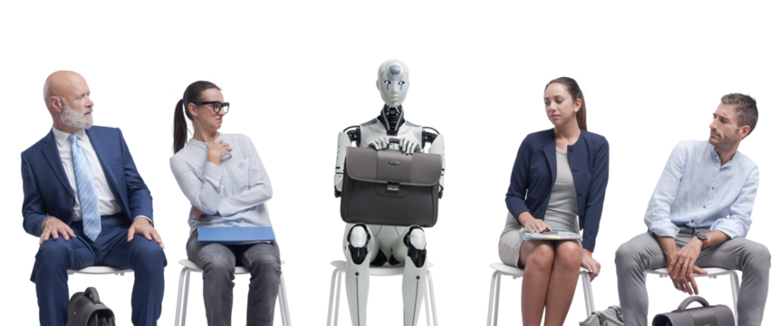 Job applicants staring at the robot candidate and waiting for the job interview