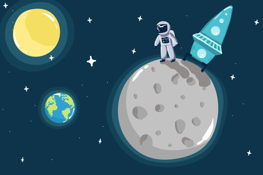 view from surface of the Moon to Earth.Hand drawn vector illustration,
