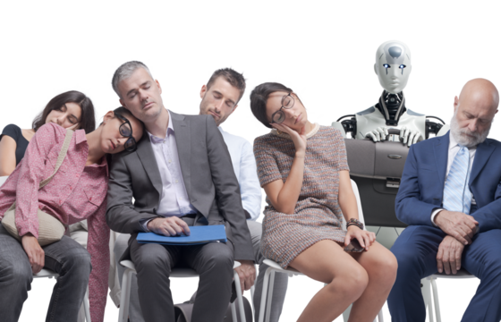 Tired job applicants and android robot