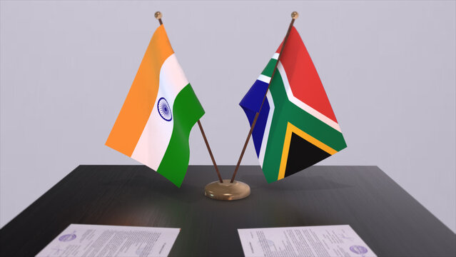 South Africa And India National Flags. Partnership Deal 3D Illustration, Politics And Business Agreement Cooperation