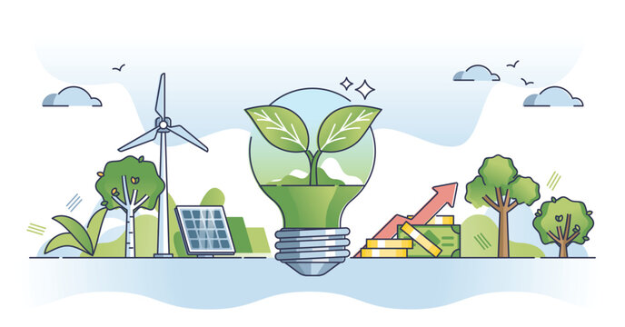 Climate tech startup with nature friendly innovation idea outline concept. New electricity power invention with sustainable and environmental resources usage vector illustration. Green eco investment