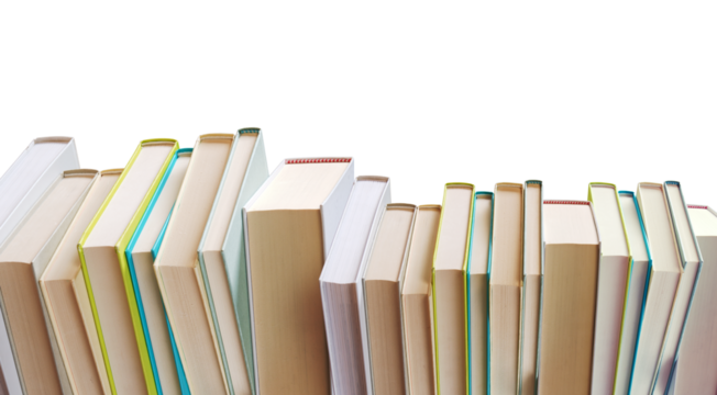 Many books arranged in line