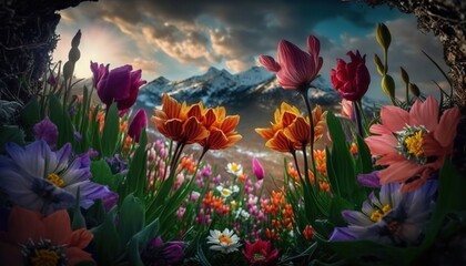 Fototapeta na wymiar Witness the Magic of Spring, A Stunning Display of Nature's Blooming Flowers background Generative Ai