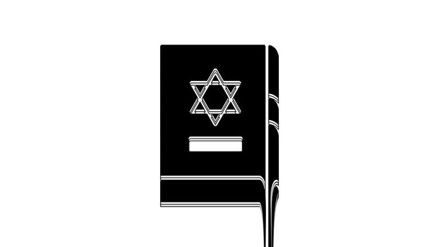 Black Jewish torah book icon isolated on white background. On the cover of the Bible is the image of the Star of David. 4K Video motion graphic animation