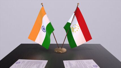 Tajikistan and India national flags. Partnership deal 3D illustration, politics and business agreement cooperation