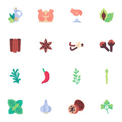 Fototapeta na wymiar Condiments and herbs collection, flat icons set