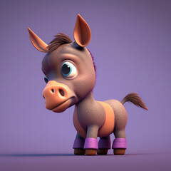 Cute baby donkey 3d character isolated on purple. Cartoon donkey with big eyes. 3d render illustration. Generative AI art. Farm animals set. Minimal plastic style.