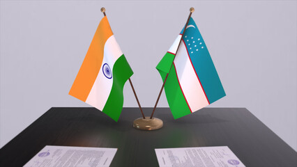 Uzbekistan and India national flags. Partnership deal 3D illustration, politics and business agreement cooperation