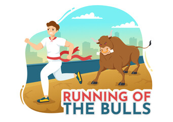 Running of the Bulls Illustration with Bullfighting Show in Arena in Flat Cartoon Hand Drawn for Web Banner or Landing Page Template