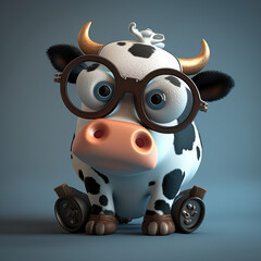 Funny cute cow sitting 3d character. Cartoon cow with big eyes. 3d render illustration. Generative AI art. Farm animals set. 