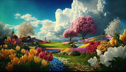 the Beauty of Spring, A Picture-Perfect View of Natural Flowers background, Generative AI