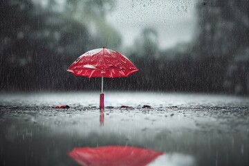 Red umbrella and large raindrops are reflected in a puddle, made with generative AI