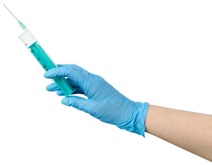 isolated hand in blue glove holding huge syringe