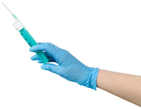 isolated hand in blue glove holding huge syringe