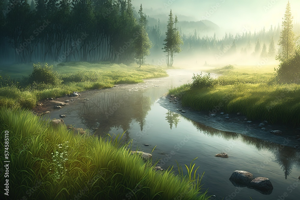 Wall mural Foggy river with fresh green grass in the sunlight. Fantastic magic illustration. AI