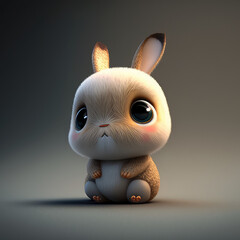 Cute fur baby rabbit 3d character. Cartoon bunny with big eyes. 3d render illustration. Generative AI art. Farm animals set.