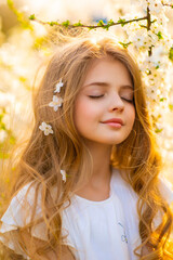 Fototapeta premium Portrait of beautiful young blonde curly girl with blue eyes posing on spring nature with white blooming trees.Sunny positive colorful photo with amazing teenage model. Light in hair. 