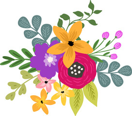 Vivid flowers bouquet PNG illustration element, flower composition, bright meadow floral arrangement