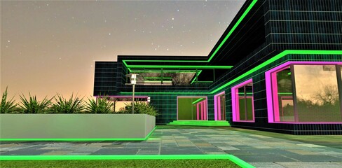 Wonderful evening view of a country estate with purple-green illumination of the facade. The splendor of straight architectural lines immediately captures the eye. 3d rendering.