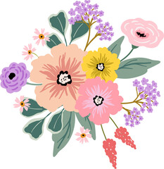 Vivid flowers bouquet PNG illustration element, flower composition, bright meadow floral arrangement