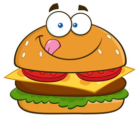 Hungry Hamburger Cartoon Character Licking His Lips. Hand Drawn Illustration Isolated On Transparent Background
