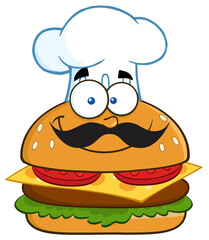 Smiling Chef Hamburger Cartoon Character. Hand Drawn Illustration Isolated On Transparent Background