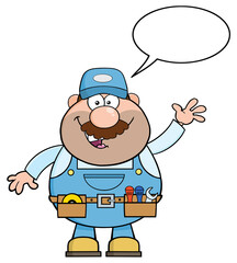 Smiling Mechanic Cartoon Character Waving For Greeting. Hand Drawn Illustration Isolated On Transparent Background