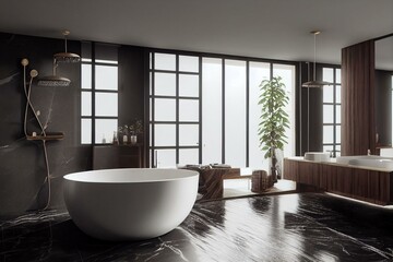 Fototapeta na wymiar Magnificent modern bathroom with bath and shower in wood and marble, generative AI