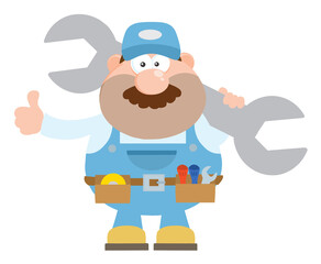 Mechanic Cartoon Character Holding Huge Wrench And Giving A Thumb Up Flat Style. Hand Drawn Illustration Isolated On Transparent Background