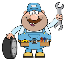 Smiling Mechanic Cartoon Character With Tire And Huge Wrench. Hand Drawn Illustration Isolated On Transparent Background